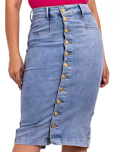 Saia Midi Lapis Jeans Com Botão Na Frente