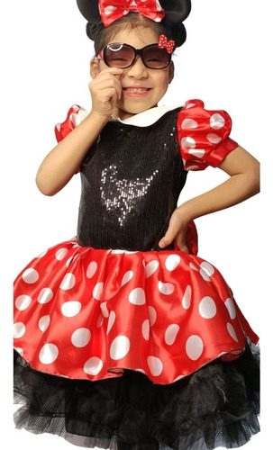 Vestido De Minnie Mouse Negro Con Rojo  Incluye Diadema 