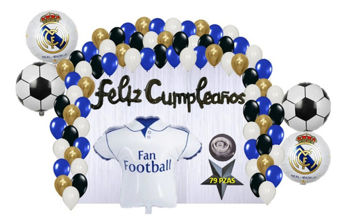 Kit Decoracion Fiesta Cumpleaños Globos Futbol Madrid Fc 79p