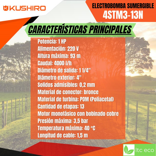 Imagen 2 de 10 de Bomba Sumergible 1 Hp 93 Mt 4000 L/h Pozo Agua Riego Piscina