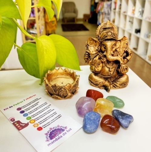 Combo Estátua De Ganesha + Pedras Dos Chakras +castiçal Kit Cor Dourado