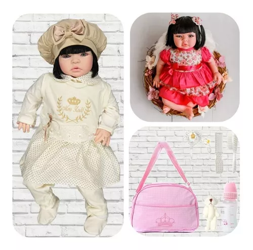 Boneca Bebe Isabela Rosa De Menina Com Roupa De Luxo Morena