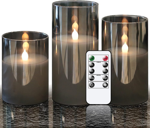 Set De 3 Velas Led De Cristal Dorado Gris