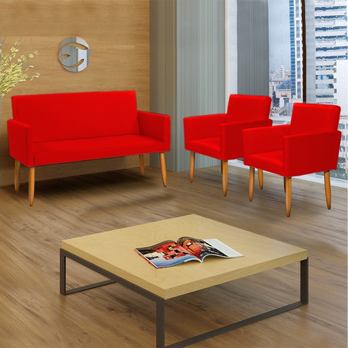 Kit Namoradeira + 2 Poltronas Decorativas Nina Suede Rosê Cor Vermelho