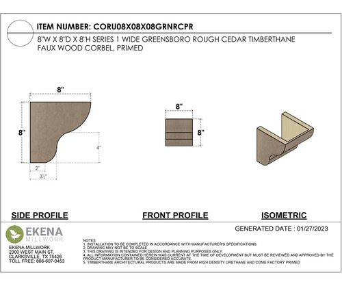 Ekena Millwork Coru08x08x08x08grnrcpr Greensboro Corbel, Bro