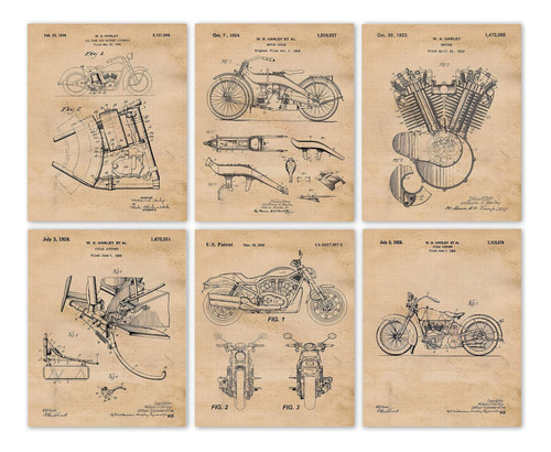 Vintage Harley Davidson Patent Prints, 6 (8x10) Fotos Sin Ma