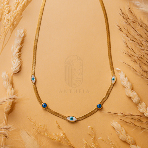 Collar Choker Ojo Turco Azul Acero Inoxidable Mujer Antheia Color Dorado 18k