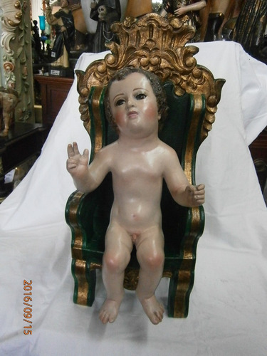 Niño Dios En Madera Antiguo Quiteño En Silla Verde