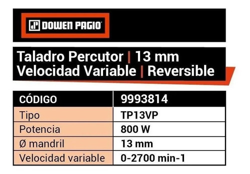 Imagen 6 de 10 de Taladro Percutor 13 Mm 800 Watt 2700 Rpm Dowen Pagio 9993814