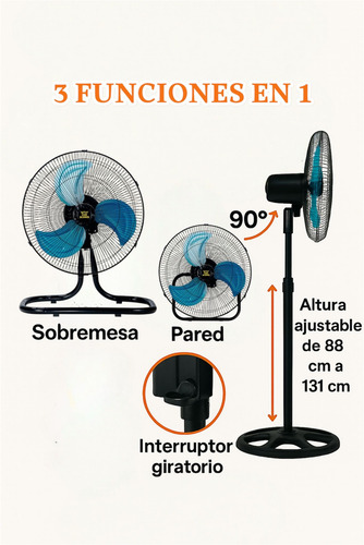 Ventilador 18 Pedestal 3 En 1 Potente Turbo Silencioso 45 Cm 60 Hz Negro Azul Metalico Aluminio 3