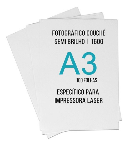 Papel Fotográfico P/ Impressora Laser Couche A3 160g 100 Fls Cor Branco