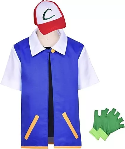 Pokémon Ash Ketchum fantasia de cosplay masculina, jaqueta azul