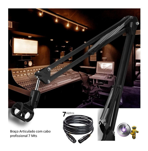 Imagem 2 de 5 de Kit Braço Articulado Mesa Para Microfones + Cabo 7 Mts Xlr