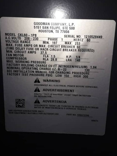 Condensador 5 Toneladas R22 Goodman