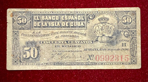 Billete 50 Centavos Banco Español De La Isla De Cuba 1896