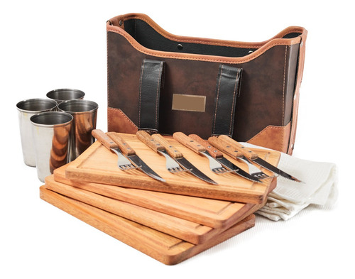 Set Asado Rectangular Con Cubiertos P/4 Pers Tablas Parrilla