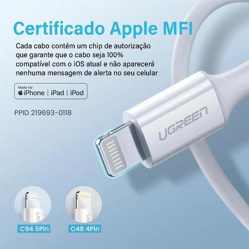 Cabo De Dados Ugreen 60748 Compatível Com iPhone Mfi 1m