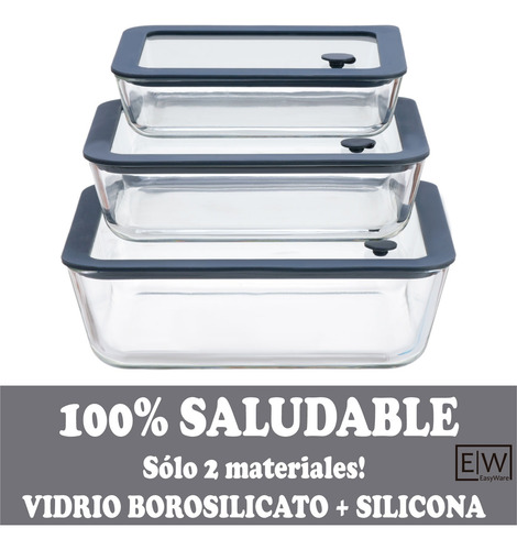 Juego 3 Refractarios Recipientes Con Tapa De Vidrio Easyware