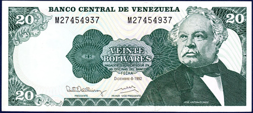 Billete 20 Bolívares M8 Diciembre 8 1992 José Antonio Páez