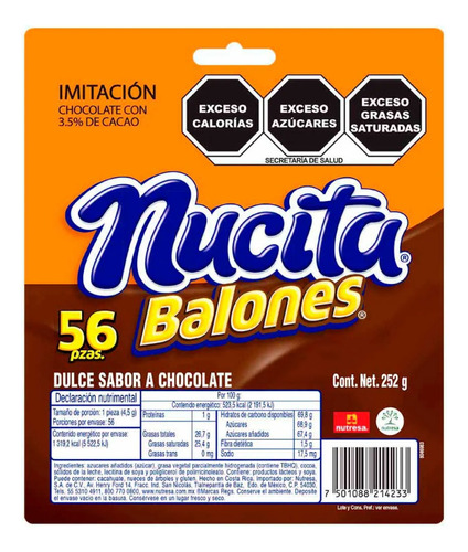 Nutresa Nucita Balones Dulce Sabor Chocolate 56pz 252g
