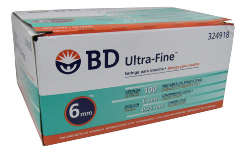 Seringa Insulina Ultrafine 100ui X 6 X0,25mm Bd 100 Unidades