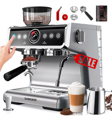 Sangkee Cafetera Espresso Con Espumador De Leche Y Molino De Café, Filtros Portafiltro Estándar, Kit Barista Completo Para Espresso Y Capuchino Latte, Depósito De Agua Extraíble De 2.8l, 20 Bar, 1500w