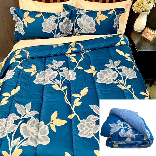 Acolchado King + 2 Almohadas De Color Estampado Diseño De La Tela Flor Azul Reversible Azul Añil