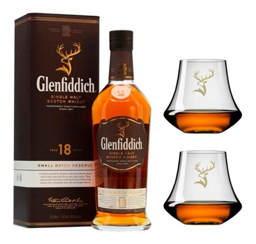 Whisky Glenfiddich 18 Años Single Malt + 2 Vasos 368c Regalo