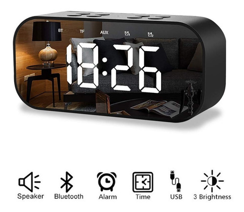 Imagen 2 de 9 de Reloj Despertador Digital Bocina Bluetooth Negro