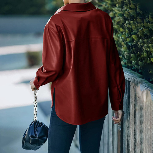 Camisa Casual De Cuero Para Mujer Con Botones