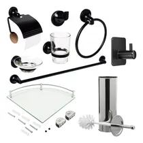 Comprar Set Accesorios Baño Completo Ducha Acero Inox Vidrio Toalla Toallero Esquinero Vidrio Cepillo Inodoro Jabonera Porta Rollo Color Negro Con Plateado