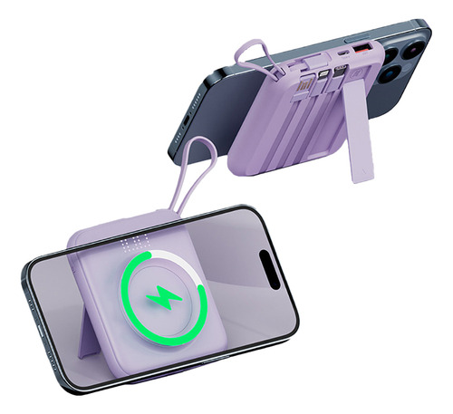 Power Bank 10000mah Com 6 Porta,suporte,led-carrega Sem Fio Cor Roxo [magnético + Suporte