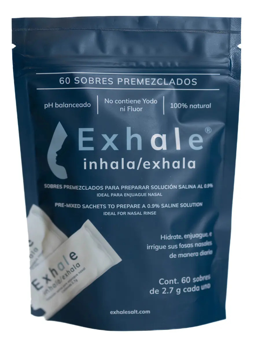 Sobres Nasales Exhale Premezclados Solución Salina Natural 60 Pzs Blanco