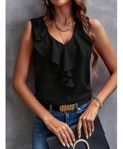 Blusas Lisas Sin Mangas Con Cuello En V Y Volantes