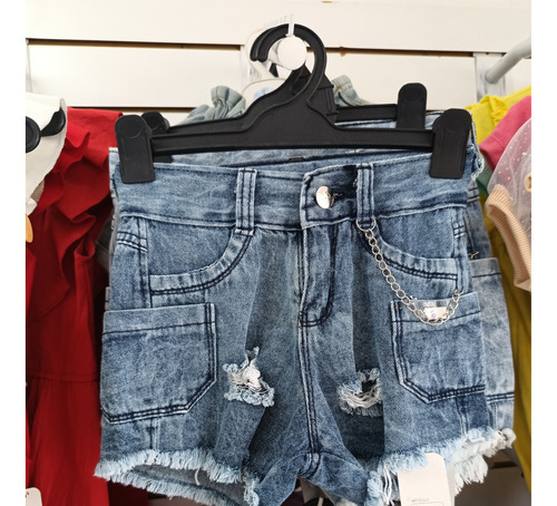 Short Jean Mom Cargo Roturas Con Cadena Para Niñas