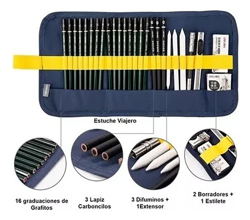 Set Dibujo Artistico 27 Piezas Lapices Grafito Gomas Arte Trazo Azul