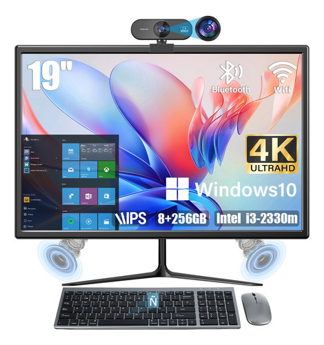 19'' Pc All In One 8gb Ram+256gb Ssd Intel I3-2330m Con Teclado español+Ratón+Cámara,Windows 10+Bluetooth 4.0+Wifi doble 2.4G /5G ,USB 2.0*6, SUZWIP All-in-one Computadora Color Negro