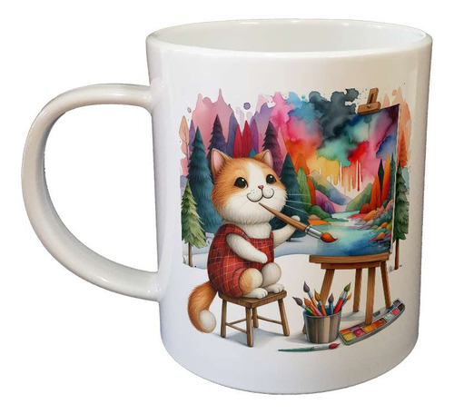 Taza Plastico Gato Vestido Artista Pinta Con Acuarela