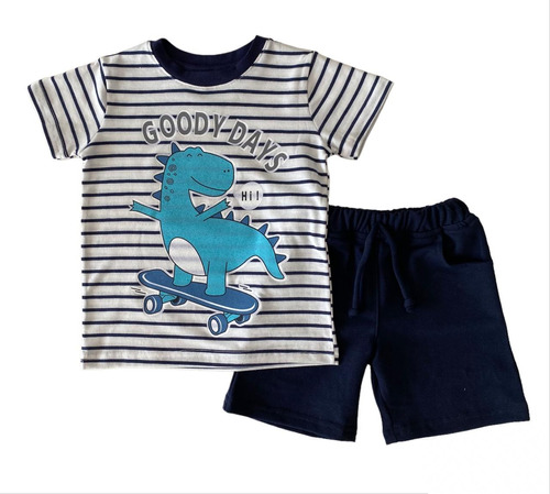 Conjunto Niño Playera Rayada Dinosaurio Y Short Marino