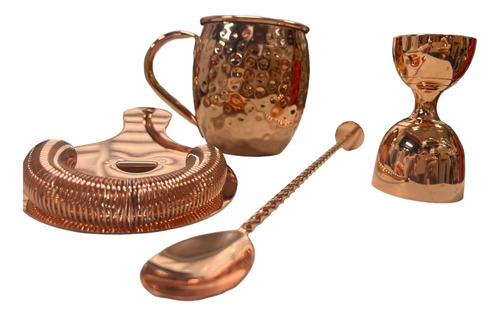 Set De Cocteleria 4 Piezas Cobre Colador Cuchara Jigger Mug