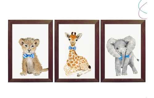 3 Quadros Decorativos Safari Aquarela Baby Filhotes