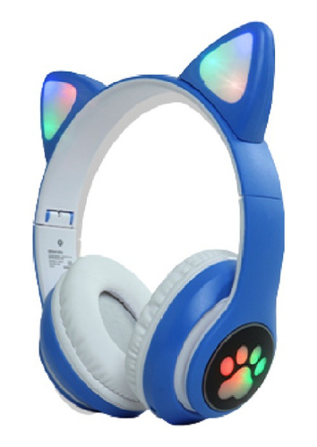 Audífonos Diadema Orejas De Gato Luz Led Bluetooth Microsd Color Azul