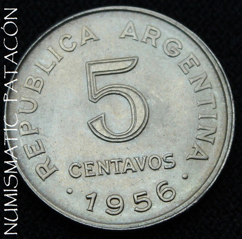 Moneda Argentina 5 Centavos 1956 Descentrada Y Cuño Roto Sc