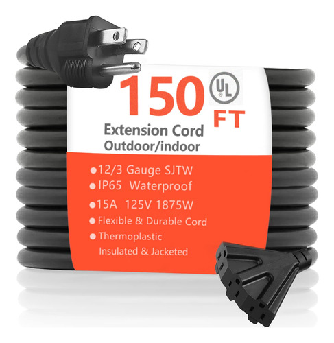 Cable De Extensión Negro Resistente De Calibre 12 De 150 Pie