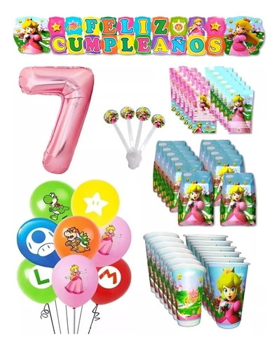 Kit Decoracion Princesa Peach Mario Bros X12 Niños + Bombas