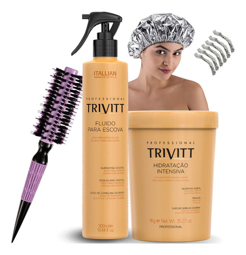 Kit Capilar Trivitt: Máscara 1kg, Fluído 300ml,toucas Escova