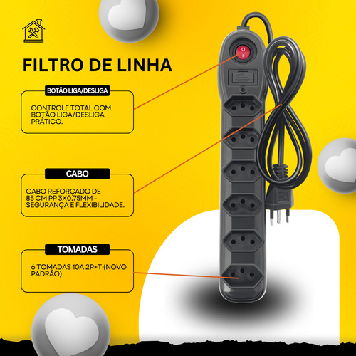 Filtro De Linha 6 Tomadas 1 Metro 10a Bivolt Preto Megatron