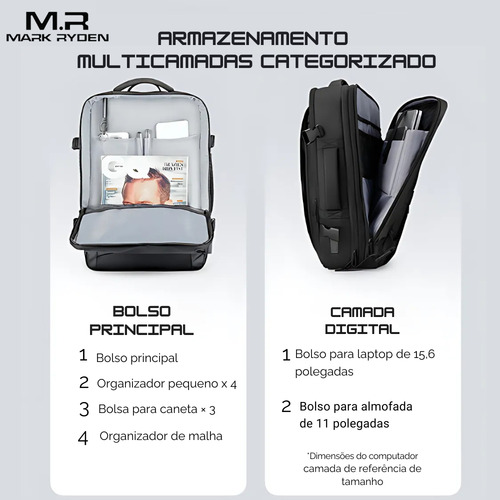 Mochila Mala Viagem Expansível 26-39l Notebook 17,3 Com Capa De Chuva Modelo Aviator Pro Rain Mark Ryden - Cor Preto