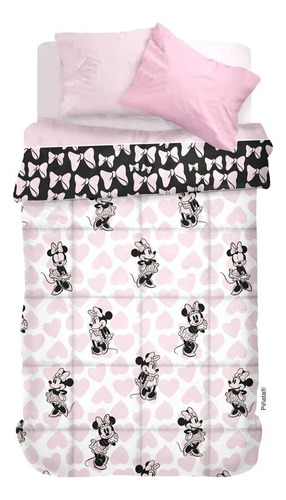 Kit Acolchado Flannel + Juego De Sabanas Piñata 1 1/2 Plaza Blanco Minnie