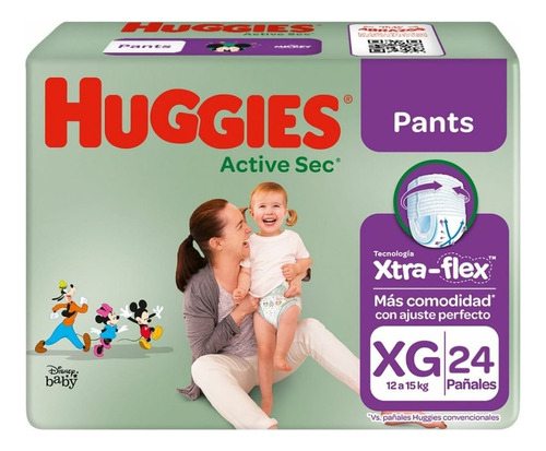 Huggies Active Sec Baby Pants Con Xtra-flex Xgx24 Tamaño Extra Grande (xg)